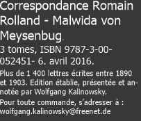 Correspondance Romain Rolland - Malwida von Meysenbug.  3 tomes